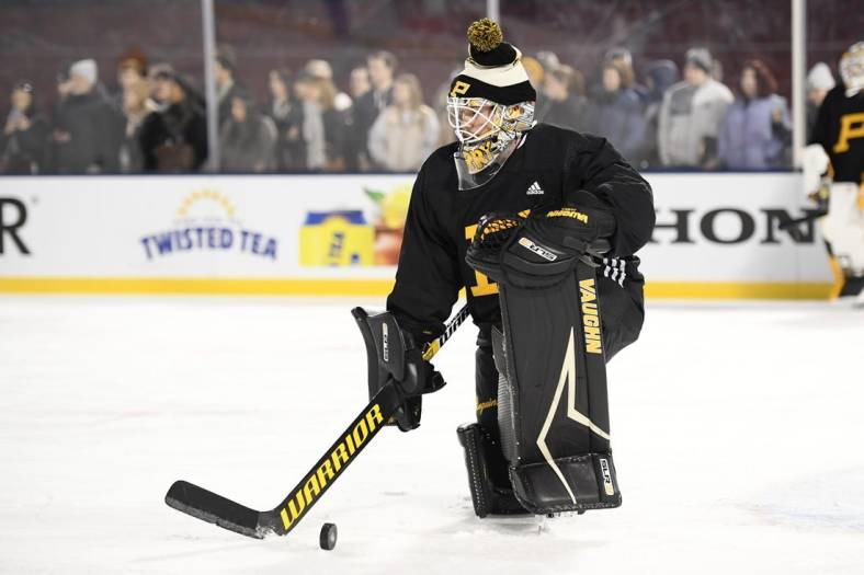 Jan 1, 2023; Boston, MA, USA; Pittsburgh Penguins goaltender Tristan Jarry (35) during a practice day before the 2023 Winter Classic ice hockey game at Fenway Park. Mandatory Credit: Bob DeChiara-USA TODAY Sports