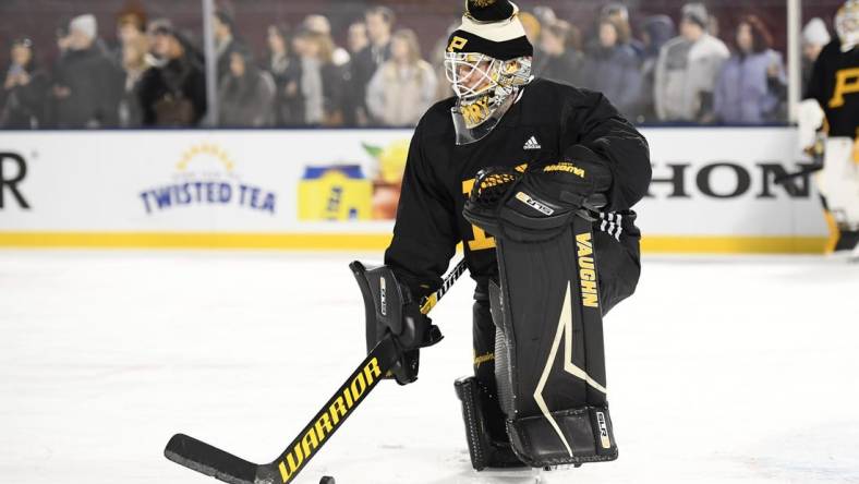 Jan 1, 2023; Boston, MA, USA; Pittsburgh Penguins goaltender Tristan Jarry (35) during a practice day before the 2023 Winter Classic ice hockey game at Fenway Park. Mandatory Credit: Bob DeChiara-USA TODAY Sports