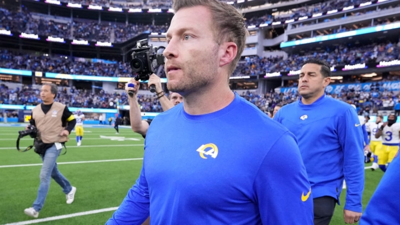 Jan 1, 2023; Inglewood, California, USA; Los Angeles Rams head coach Sean McVay walks off the field after the game against the Los Angeles Chargers at SoFi Stadium. Mandatory Credit: Kirby Lee-USA TODAY Sports