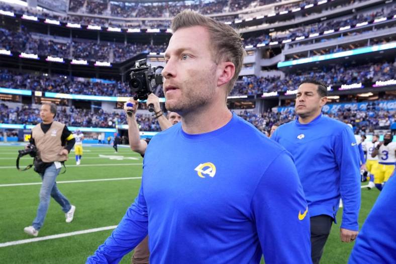 Jan 1, 2023; Inglewood, California, USA; Los Angeles Rams head coach Sean McVay walks off the field after the game against the Los Angeles Chargers at SoFi Stadium. Mandatory Credit: Kirby Lee-USA TODAY Sports