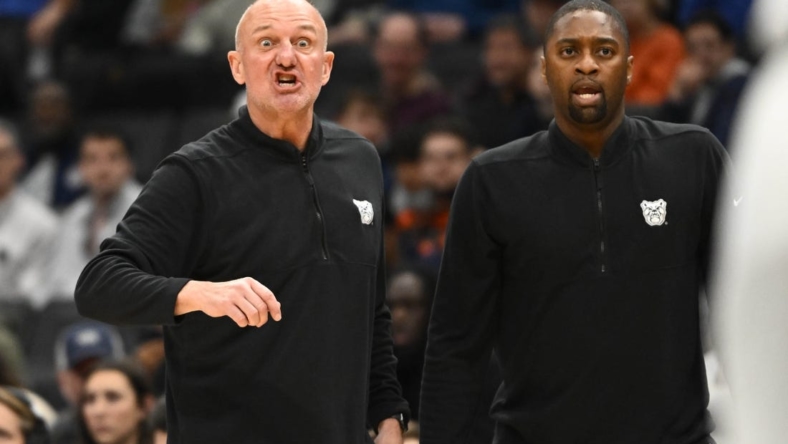 Jan 1, 2023; Washington, District of Columbia, USA; Butler Bulldogs head coach Thad Matta reacts against the Georgetown Hoyas during the first half at Capital One Arena. Mandatory Credit: Brad Mills-USA TODAY Sports
