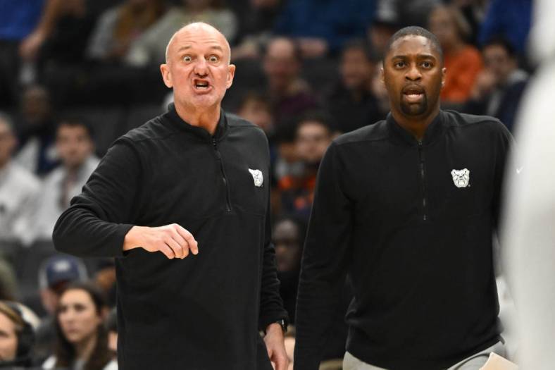 Jan 1, 2023; Washington, District of Columbia, USA; Butler Bulldogs head coach Thad Matta reacts against the Georgetown Hoyas during the first half at Capital One Arena. Mandatory Credit: Brad Mills-USA TODAY Sports