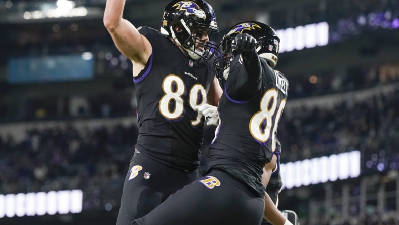 Jan 1, 2023; Baltimore, Maryland, USA; Baltimore Ravens tight end Isaiah Likely (80) celebrates with tight end Mark Andrews (89) after scoring a touchdown against the Pittsburgh Steelers during the first half at M&T Bank Stadium. Mandatory Credit: Jessica Rapfogel-USA TODAY Sports