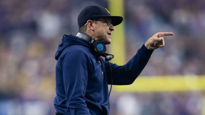 Dec 31, 2022; Glendale, Arizona, USA; Michigan Wolverines head coach Jim Harbaugh against the TCU Horned Frogs in the 2022 Fiesta Bowl at State Farm Stadium. Mandatory Credit: Mark J. Rebilas-USA TODAY Sports