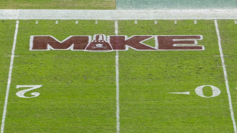 Jan 2, 2023; Tampa, FL, USA; a logo for former Mississippi State Bulldogs head coach Mike Leach was painted on the field for the 2023 ReliaQuest Bowl with Illinois Fighting Illini and Mississippi State Bulldogs at Raymond James Stadium. Mandatory Credit: Nathan Ray Seebeck-USA TODAY Sports