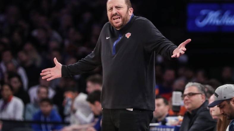 Jan 2, 2023; New York, New York, USA; New York Knicks head coach Tom Thibodeau argues with an official in the third quarter against the Phoenix Suns at Madison Square Garden. Mandatory Credit: Wendell Cruz-USA TODAY Sports