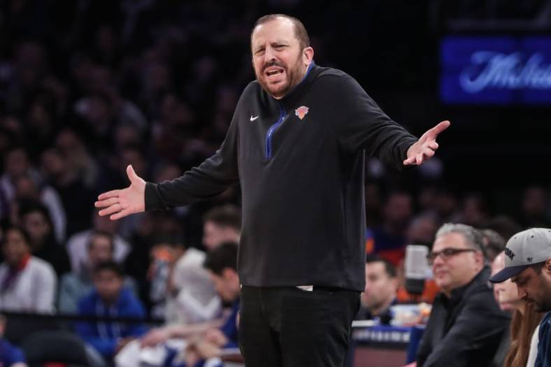 Jan 2, 2023; New York, New York, USA; New York Knicks head coach Tom Thibodeau argues with an official in the third quarter against the Phoenix Suns at Madison Square Garden. Mandatory Credit: Wendell Cruz-USA TODAY Sports