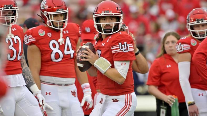 Jan 2, 2023; Pasadena, California, USA; Utah Utes quarterback Cameron Rising (7) warms up before the game between the Utah Utes and the Penn State Nittany Lions at Rose Bowl. Mandatory Credit: Jayne Kamin-Oncea-USA TODAY Sports