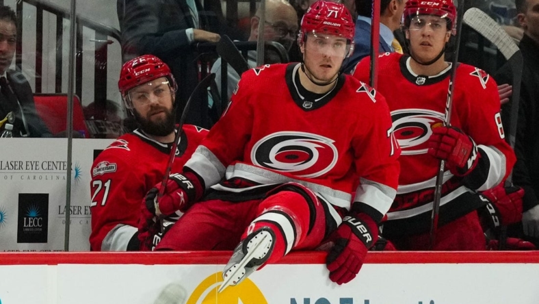 Dec 20, 2022; Raleigh, North Carolina, USA;  Carolina Hurricanes center Martin Necas (88) against the New Jersey Devils during the second period at PNC Arena. Mandatory Credit: James Guillory-USA TODAY Sports