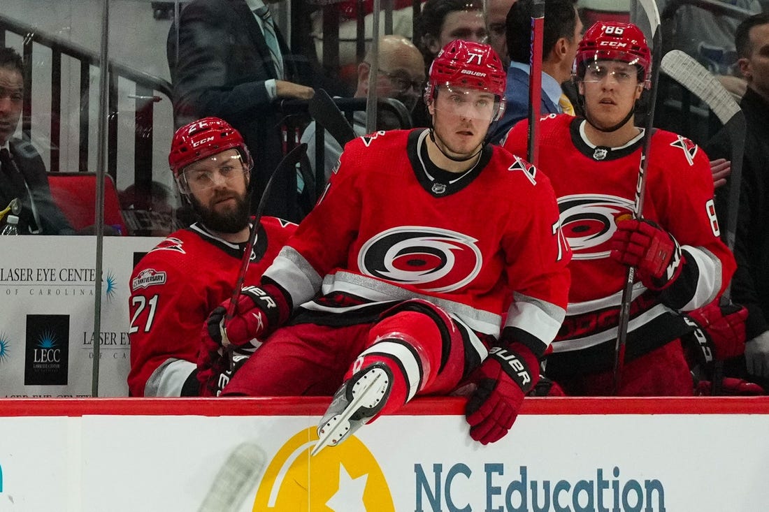Dec 20, 2022; Raleigh, North Carolina, USA;  Carolina Hurricanes center Martin Necas (88) against the New Jersey Devils during the second period at PNC Arena. Mandatory Credit: James Guillory-USA TODAY Sports
