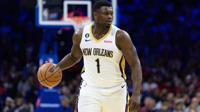 Jan 2, 2023; Philadelphia, Pennsylvania, USA; New Orleans Pelicans forward Zion Williamson (1) in action against the Philadelphia 76ers during the third quarter at Wells Fargo Center. Mandatory Credit: Bill Streicher-USA TODAY Sports