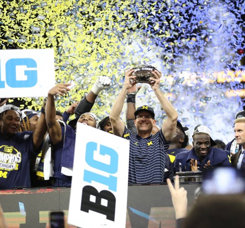 Michigan Wolverines head coach Jim Harbaugh celebrates the 43-22 win against the Purdue Boilermakers in the Big Ten championship game at Lucas Oil Stadium in Indianapolis, Dec. 3, 2022.

Michiganbig 120322 Kd 10104