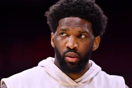 Dec 23, 2022; Philadelphia, Pennsylvania, USA; Philadelphia 76ers center Joel Embiid (21) warms up before the game against the Los Angeles Clippers at Wells Fargo Center. Mandatory Credit: Kyle Ross-USA TODAY Sports