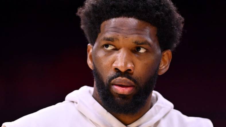 Dec 23, 2022; Philadelphia, Pennsylvania, USA; Philadelphia 76ers center Joel Embiid (21) warms up before the game against the Los Angeles Clippers at Wells Fargo Center. Mandatory Credit: Kyle Ross-USA TODAY Sports