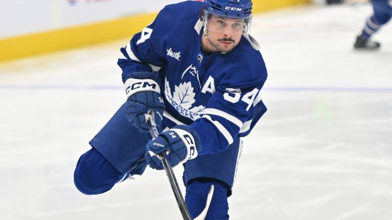 Jan 3, 2023; Toronto, Ontario, CAN; Toronto Maple Leafs forward Auston Matthews (34) warms up before playing the St. Louis Blues at Scotiabank Arena. Mandatory Credit: Dan Hamilton-USA TODAY Sports