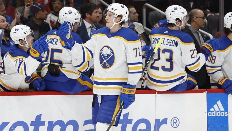 Jan 3, 2023; Washington, District of Columbia, USA; Buffalo Sabres center Tage Thompson (72) celebrates with teammates after scoring a goal against the Washington Capitals in the first period at Capital One Arena. Mandatory Credit: Geoff Burke-USA TODAY Sports