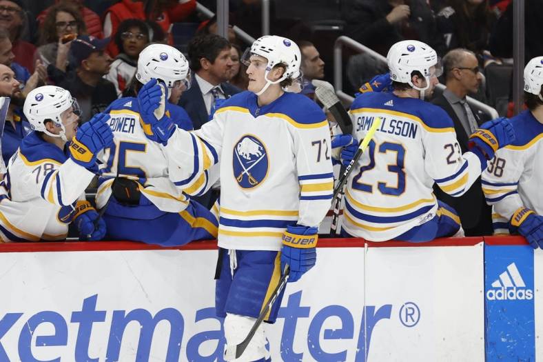 Jan 3, 2023; Washington, District of Columbia, USA; Buffalo Sabres center Tage Thompson (72) celebrates with teammates after scoring a goal against the Washington Capitals in the first period at Capital One Arena. Mandatory Credit: Geoff Burke-USA TODAY Sports