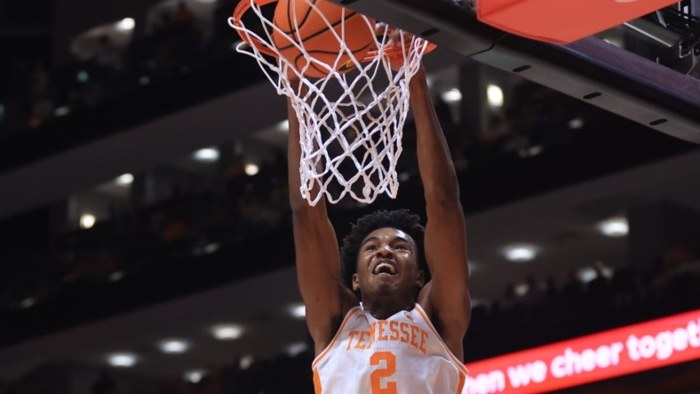 Jan 3, 2023; Knoxville, Tennessee, USA; Tennessee Volunteers forward Julian Phillips (2) dunks the ball against the Mississippi State Bulldogs during the first half at Thompson-Boling Arena. Mandatory Credit: Randy Sartin-USA TODAY Sports