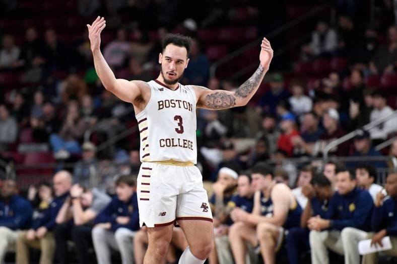 Jan 3, 2023; Chestnut Hill, Massachusetts, USA; Boston College Eagles guard Jaeden Zackery (3) reacts to game play during the second half against the Notre Dame Fighting Irish at Conte Forum. Mandatory Credit: Eric Canha-USA TODAY Sports