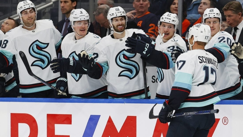 Jan 3, 2023; Edmonton, Alberta, CAN; The Seattle Kraken celebrate a goal scored by forward Jaden Schwartz (17) during the second period against the Edmonton Oilers at Rogers Place. Mandatory Credit: Perry Nelson-USA TODAY Sports