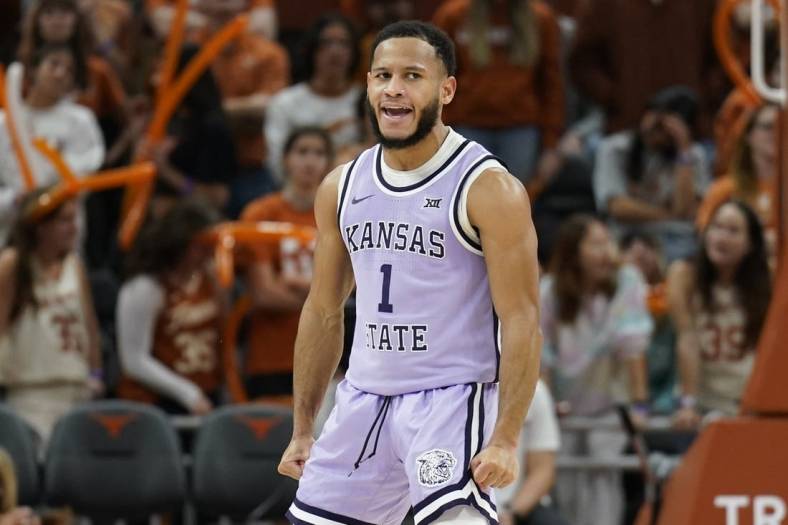 Jan 3, 2023; Austin, Texas, USA; Kansas State Wildcats guard Markquis Nowell (1) reacts after scoring a three point basket during the second half against the Texas Longhorns at Moody Center. Mandatory Credit: Scott Wachter-USA TODAY Sports