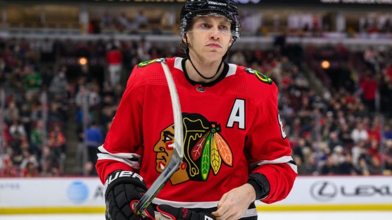 Jan 3, 2023; Chicago, Illinois, USA; Chicago Blackhawks right wing Patrick Kane (88) looks on against the Tampa Bay Lightning during the first period at the United Center. Mandatory Credit: Daniel Bartel-USA TODAY Sports