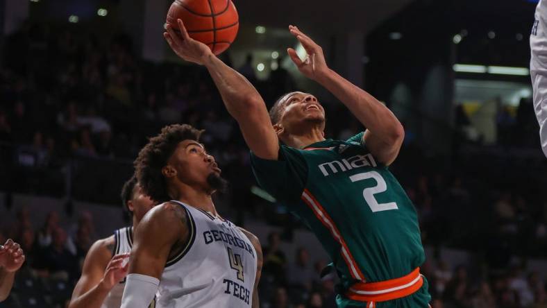 Jan 4, 2023; Atlanta, Georgia, USA; Miami Hurricanes guard Isaiah Wong (2) shoots against the Georgia Tech Yellow Jackets in the first half at McCamish Pavilion. Mandatory Credit: Brett Davis-USA TODAY Sports