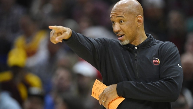 Jan 4, 2023; Cleveland, Ohio, USA; Phoenix Suns head coach Monty Williams reacts in the third quarter against the Cleveland Cavaliers at Rocket Mortgage FieldHouse. Mandatory Credit: David Richard-USA TODAY Sports