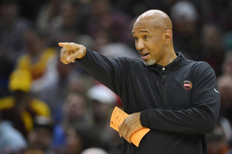 Jan 4, 2023; Cleveland, Ohio, USA; Phoenix Suns head coach Monty Williams reacts in the third quarter against the Cleveland Cavaliers at Rocket Mortgage FieldHouse. Mandatory Credit: David Richard-USA TODAY Sports