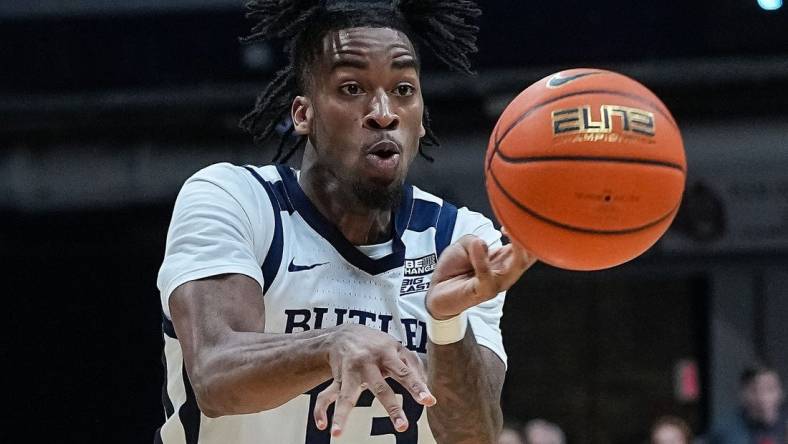 Butler Bulldogs guard Jayden Taylor (13) passes the ball on Wednesday, Jan. 4, 2023 at Hinkle Fieldhouse in Indianapolis. The Butler Bulldogs defeated the DePaul Blue Demons, 78-70.

Ncaa Basketball Ini Butler Basketball Vs Depaul Depaul Blue Demons At Butler Bulldogs