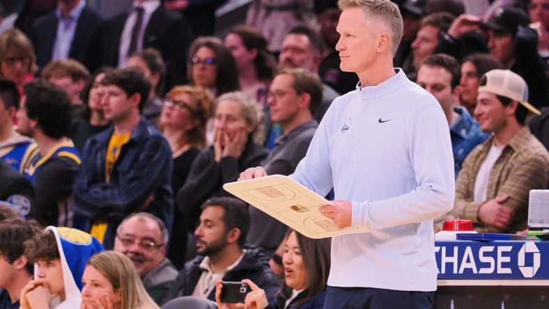 Jan 4, 2023; San Francisco, California, USA; Golden State Warriors head coach Steve Kerr on the sideline against the Detroit Pistons during the fourth quarter at Chase Center. Mandatory Credit: Kelley L Cox-USA TODAY Sports