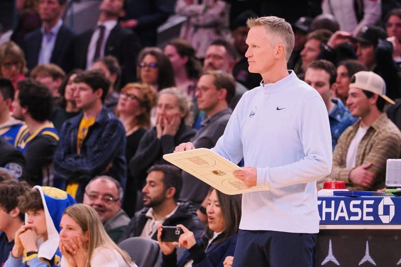 Jan 4, 2023; San Francisco, California, USA; Golden State Warriors head coach Steve Kerr on the sideline against the Detroit Pistons during the fourth quarter at Chase Center. Mandatory Credit: Kelley L Cox-USA TODAY Sports