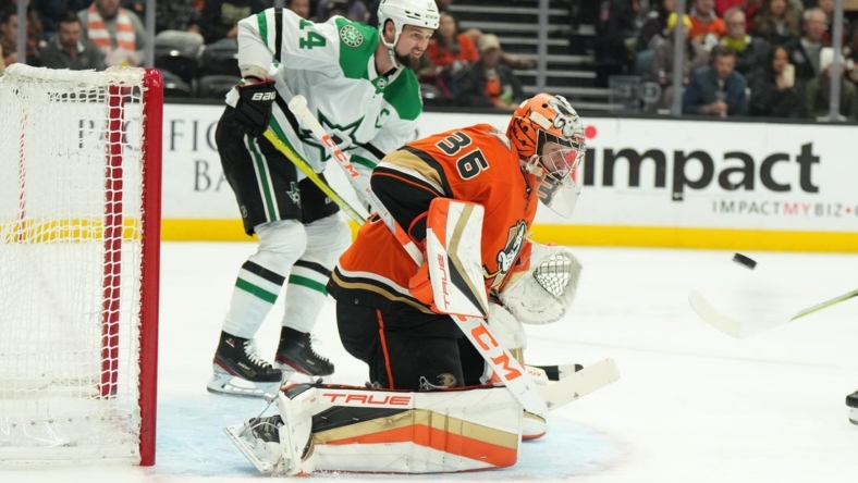 Jan 4, 2023; Anaheim, California, USA; Anaheim Ducks goaltender John Gibson (36) defends the goal against the Dallas Stars in the second period at Honda Center. Mandatory Credit: Kirby Lee-USA TODAY Sports