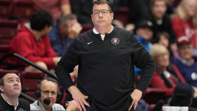Dec 31, 2022; Stanford, California, USA; Stanford Cardinal head coach Jerod Haase during the second half against the Utah Utes at Maples Pavilion. Mandatory Credit: Darren Yamashita-USA TODAY Sports