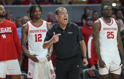 Jan 5, 2023; Houston, Texas, USA; Houston Cougars head coach Kelvin Sampson reacts during the first half against the Southern Methodist Mustangs at Fertitta Center. Mandatory Credit: Troy Taormina-USA TODAY Sports