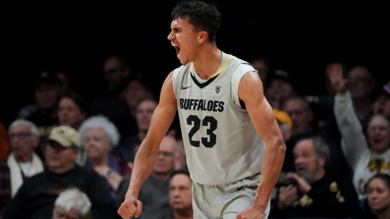 Jan 5, 2023; Boulder, Colorado, USA; Colorado Buffaloes forward Tristan da Silva (23) reacts to a play in the second half against the Oregon Ducks at the CU Events Center. Mandatory Credit: Ron Chenoy-USA TODAY Sports