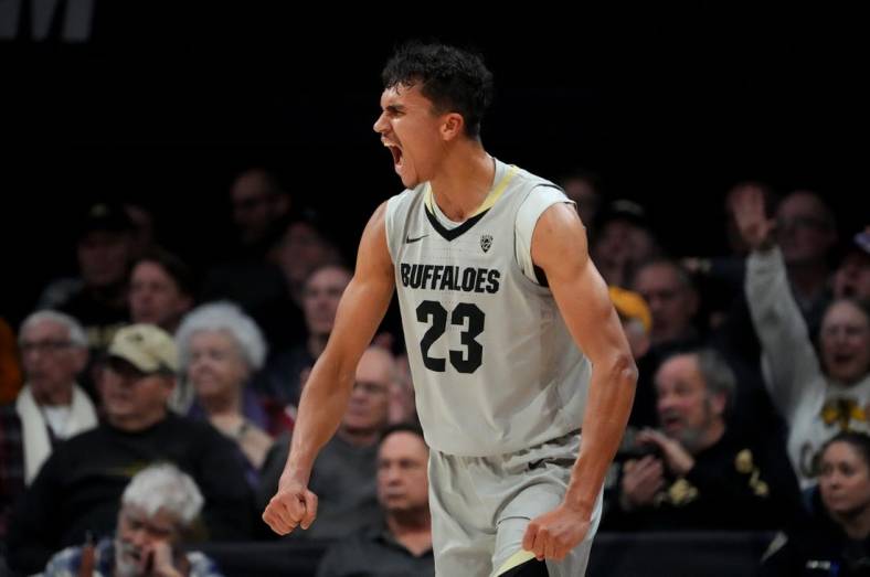Jan 5, 2023; Boulder, Colorado, USA; Colorado Buffaloes forward Tristan da Silva (23) reacts to a play in the second half against the Oregon Ducks at the CU Events Center. Mandatory Credit: Ron Chenoy-USA TODAY Sports
