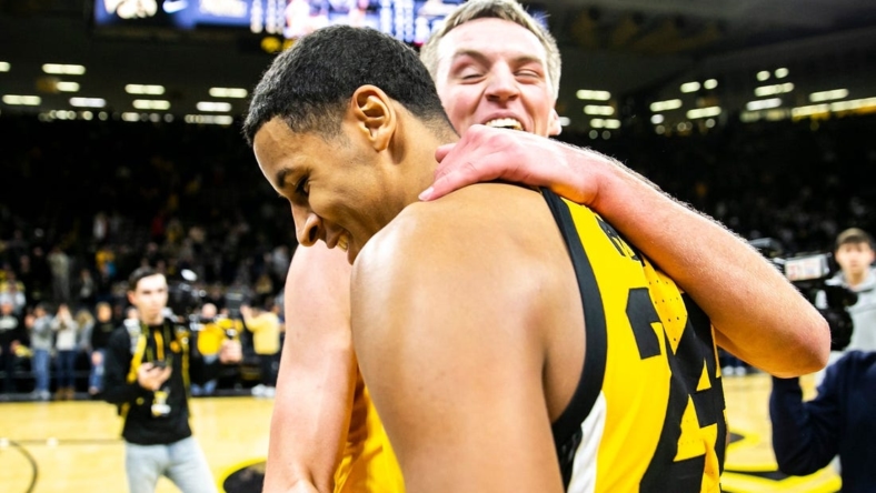 Iowa forward Payton Sandfort, right, embraces teammate Kris Murray after a NCAA Big Ten Conference men's basketball game against Indiana, Thursday, Jan. 5, 2023, at Carver-Hawkeye Arena in Iowa City, Iowa.

230105 Indiana Iowa Mbb 043 Jpg