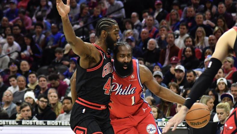 Jan 6, 2023; Philadelphia, Pennsylvania, USA; Philadelphia 76ers guard James Harden (1) drives to the basket Chicago Bulls forward Patrick Williams (44) during the first quarter at Wells Fargo Center. Mandatory Credit: Eric Hartline-USA TODAY Sports