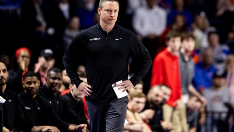 Jan 7, 2023; Gainesville, Florida, USA; Georgia Bulldogs head coach Mike White looks on during the first half against the Florida Gators at Exactech Arena at the Stephen C. O'Connell Center. Mandatory Credit: Matt Pendleton-USA TODAY Sports