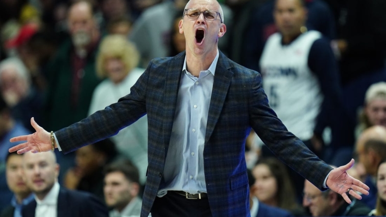 Jan 7, 2023; Storrs, Connecticut, USA; UConn Huskies head coach Dan Hurley watches from the sideline as they take on the Creighton Bluejays at Harry A. Gampel Pavilion. Mandatory Credit: David Butler II-USA TODAY Sports