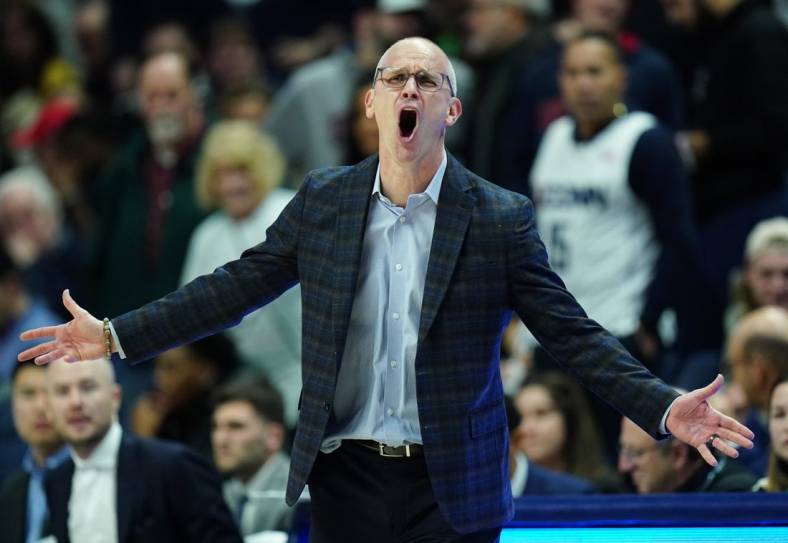 Jan 7, 2023; Storrs, Connecticut, USA; UConn Huskies head coach Dan Hurley watches from the sideline as they take on the Creighton Bluejays at Harry A. Gampel Pavilion. Mandatory Credit: David Butler II-USA TODAY Sports