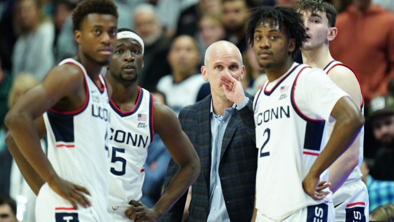 Jan 7, 2023; Storrs, Connecticut, USA; UConn Huskies head coach Dan Hurley talks to his players from the sideline as they take on the Creighton Bluejays at Harry A. Gampel Pavilion. Mandatory Credit: David Butler II-USA TODAY Sports