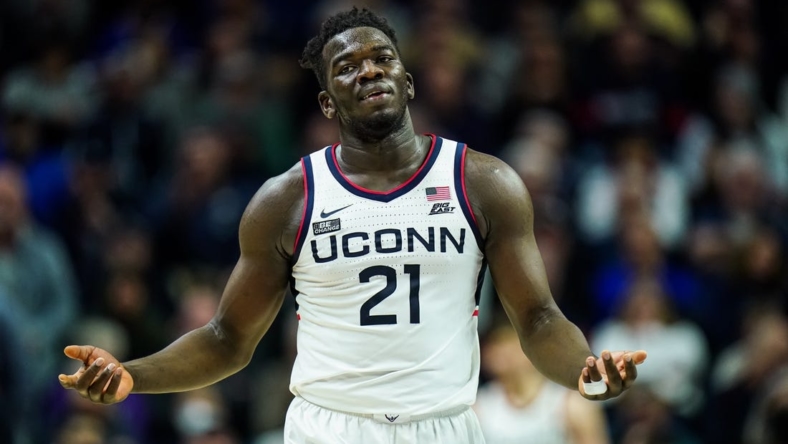 Jan 7, 2023; Storrs, Connecticut, USA; UConn Huskies forward Adama Sanogo (21) on the court against the Creighton Bluejays in the second half at Harry A. Gampel Pavilion. Mandatory Credit: David Butler II-USA TODAY Sports