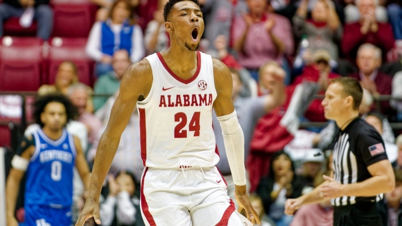 Jan 7, 2023; Tuscaloosa, Alabama, USA; Alabama Crimson Tide forward Brandon Miller (24) reacts a after a play against the Kentucky Wildcats during first half at Coleman Coliseum. Mandatory Credit: Marvin Gentry-USA TODAY Sports
