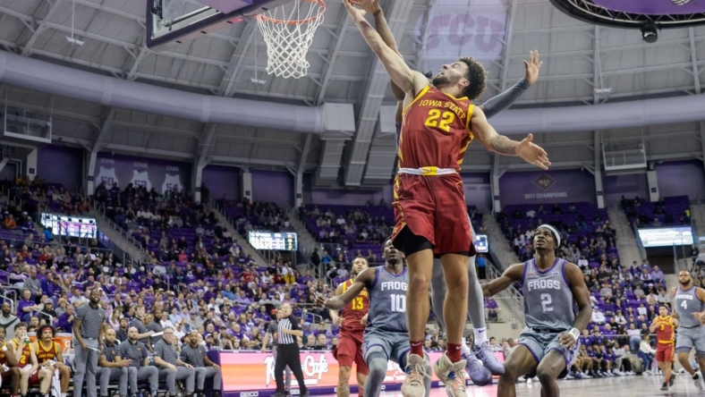 Jan 7, 2023; Fort Worth, Texas, USA;  Iowa State Cyclones guard Gabe Kalscheur (22) lays the ball in during the second half against the TCU Horned Frogs at Ed and Rae Schollmaier Arena. Mandatory Credit: Andrew Dieb-USA TODAY Sports