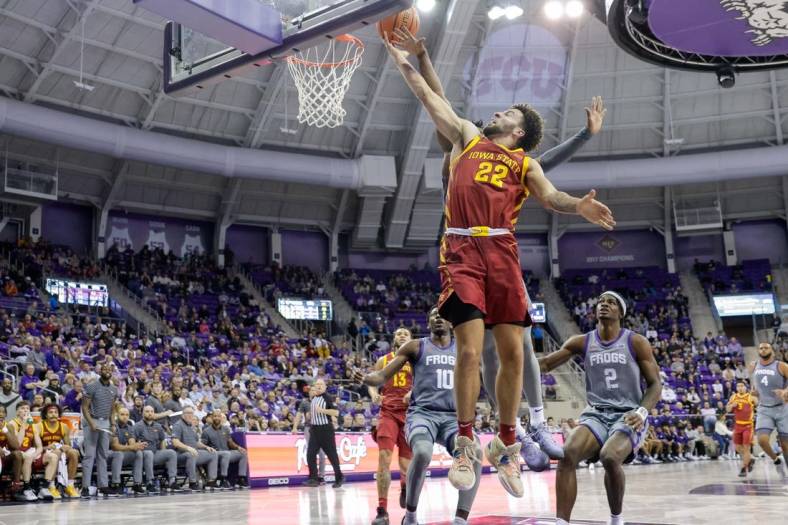 Jan 7, 2023; Fort Worth, Texas, USA;  Iowa State Cyclones guard Gabe Kalscheur (22) lays the ball in during the second half against the TCU Horned Frogs at Ed and Rae Schollmaier Arena. Mandatory Credit: Andrew Dieb-USA TODAY Sports
