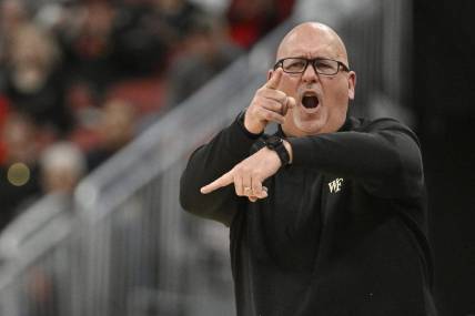 Jan 7, 2023; Louisville, Kentucky, USA;  Wake Forest Demon Deacons head coach Steve Forbes calls out instructions during the second half against the Louisville Cardinals at KFC Yum! Center. Wake Forest defeated Louisville 80-72. Mandatory Credit: Jamie Rhodes-USA TODAY Sports