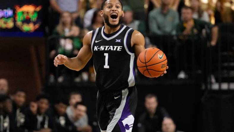 Jan 7, 2023; Waco, Texas, USA; Kansas State Wildcats guard Markquis Nowell (1) calls a play against the Baylor Bears during the first half at Ferrell Center. Mandatory Credit: Chris Jones-USA TODAY Sports