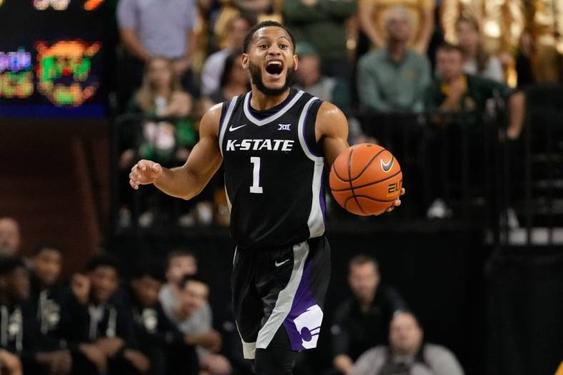 Jan 7, 2023; Waco, Texas, USA; Kansas State Wildcats guard Markquis Nowell (1) calls a play against the Baylor Bears during the first half at Ferrell Center. Mandatory Credit: Chris Jones-USA TODAY Sports